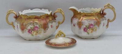 R.S. Prussia Mold 537 creamer and cov. sugar set, pink and yellow roses, red mark - 5