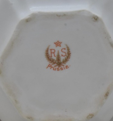 R.S. Prussia Mold 537 creamer and cov. sugar set, pink and yellow roses, red mark - 8