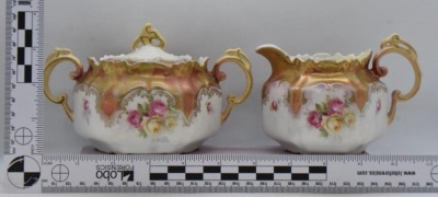 R.S. Prussia Mold 537 creamer and cov. sugar set, pink and yellow roses, red mark - 9