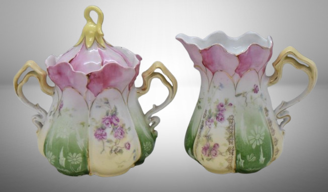 R.S. Prussia Mold 502 creamer and cov. sugar set, dainty flowers overall