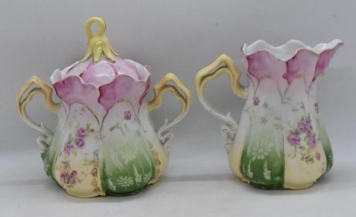 R.S. Prussia Mold 502 creamer and cov. sugar set, dainty flowers overall - 3