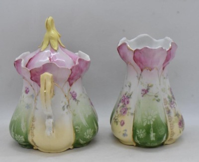 R.S. Prussia Mold 502 creamer and cov. sugar set, dainty flowers overall - 4