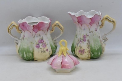 R.S. Prussia Mold 502 creamer and cov. sugar set, dainty flowers overall - 5