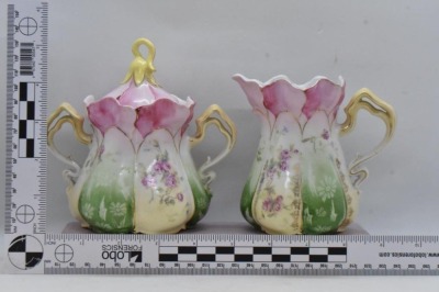 R.S. Prussia Mold 502 creamer and cov. sugar set, dainty flowers overall - 8