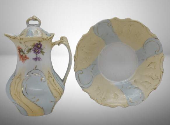 Mrkd. Royal Saxe Germany 6" syrup pitcher w/ drip bowl, flowers