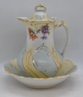 Mrkd. Royal Saxe Germany 6" syrup pitcher w/ drip bowl, flowers - 2