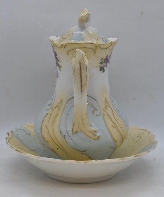 Mrkd. Royal Saxe Germany 6" syrup pitcher w/ drip bowl, flowers - 3