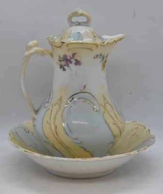 Mrkd. Royal Saxe Germany 6" syrup pitcher w/ drip bowl, flowers - 4