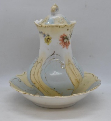 Mrkd. Royal Saxe Germany 6" syrup pitcher w/ drip bowl, flowers - 5