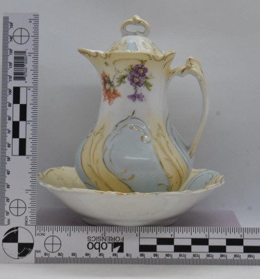 Mrkd. Royal Saxe Germany 6" syrup pitcher w/ drip bowl, flowers - 11