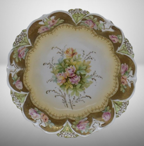 R.S. Prussia 9.5"d bowl, Steeple Mold 5, cluster of pink roses, circle mold mark