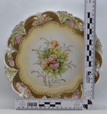 R.S. Prussia 9.5"d bowl, Steeple Mold 5, cluster of pink roses, circle mold mark - 5