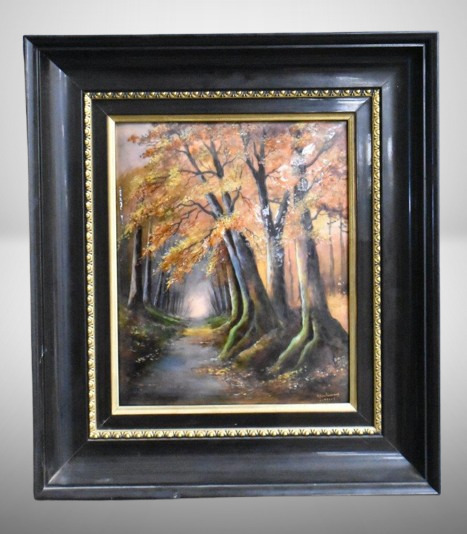 French Limoges enamel handpainted on copper picture by R. Bonhomme, trail in fall colored woods