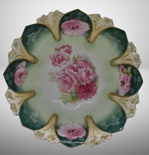 R.S. Prussia Mold 90 10.25"d bowl, pink poppies, red mark