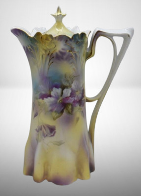 R.S. Prussia Mold 517 10.5"h chocolate pot, lilac clematis