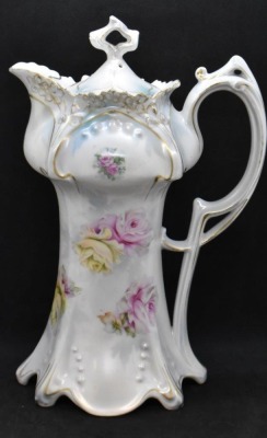 R.S. Prussia Mold 643 10.5"h chocolate pot, pink and yellow roses on satin finish, red mark - 2