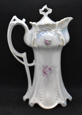 R.S. Prussia Mold 643 10.5"h chocolate pot, pink and yellow roses on satin finish, red mark - 4