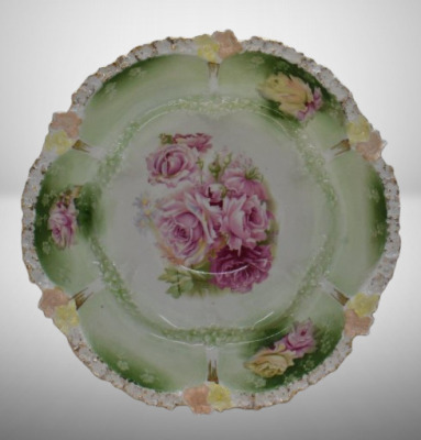 R.S. Prussia Mold 53a 10.5"d bowl-in-bowl, pink and yellow roses, red mark