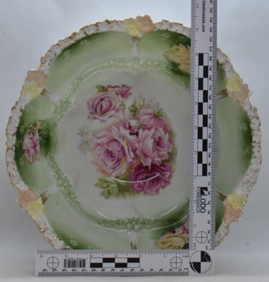 R.S. Prussia Mold 53a 10.5"d bowl-in-bowl, pink and yellow roses, red mark - 7