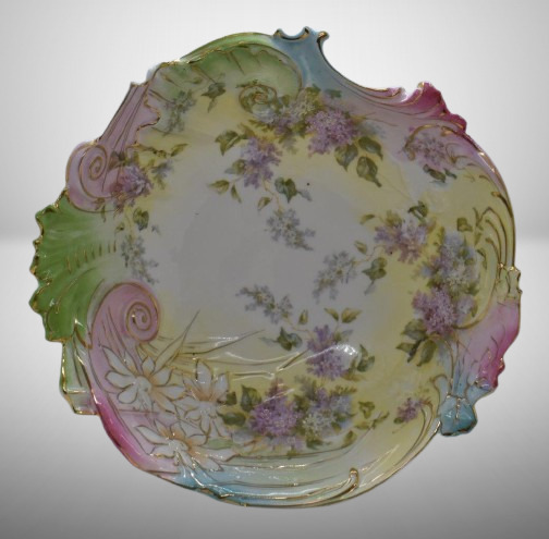 Handpainted porcelain scroll border 11"d bowl, lilacs w/ pretty pastels finish on border, circle mold mark