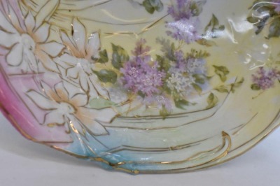 Handpainted porcelain scroll border 11"d bowl, lilacs w/ pretty pastels finish on border, circle mold mark - 3