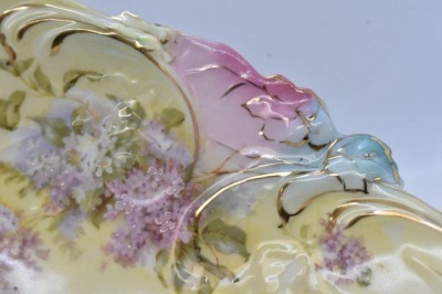 Handpainted porcelain scroll border 11"d bowl, lilacs w/ pretty pastels finish on border, circle mold mark - 4