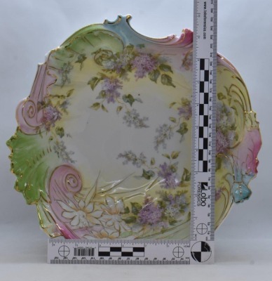 Handpainted porcelain scroll border 11"d bowl, lilacs w/ pretty pastels finish on border, circle mold mark - 6