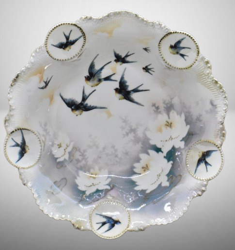 R.S. Prussia Medallion Mold 9"d bowl, Swallows, red mark