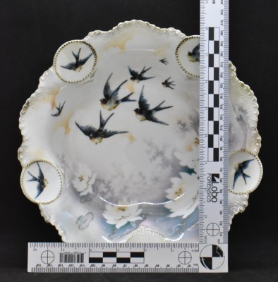 R.S. Prussia Medallion Mold 9"d bowl, Swallows, red mark - 6