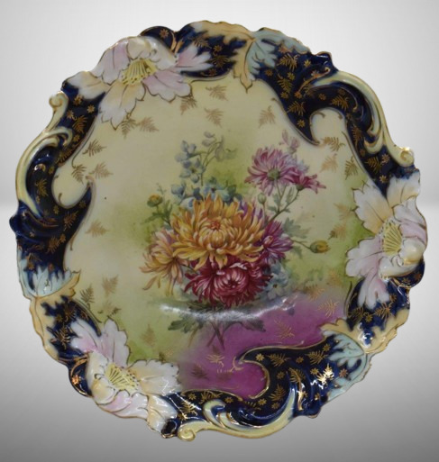 Mrkd. Germany Saxe Altenburg 10"d bowl, Chrysanthemums, floral and cobalt border