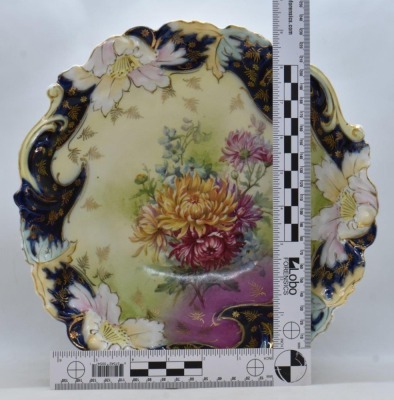 Mrkd. Germany Saxe Altenburg 10"d bowl, Chrysanthemums, floral and cobalt border - 7