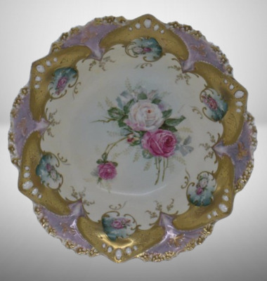 R.S. Prussia Mold 82 10.5"d bowl, pink and white roses, red mark