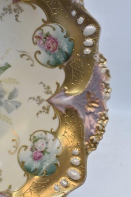 R.S. Prussia Mold 82 10.5"d bowl, pink and white roses, red mark - 3