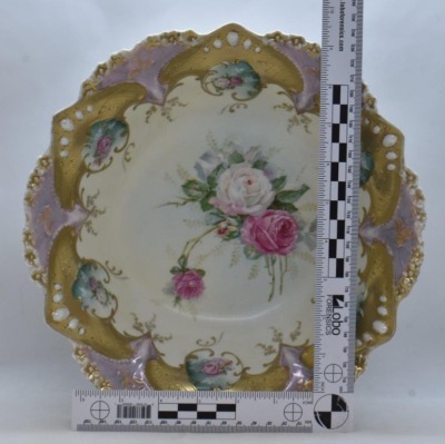 R.S. Prussia Mold 82 10.5"d bowl, pink and white roses, red mark - 6