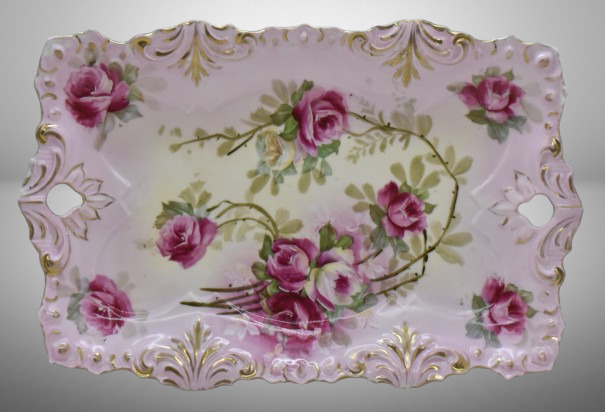 R.S. Prussia Fleur-de-lys Mold dresser tray, 11.5" x 7.5", dark pink roses, red mark