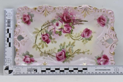 R.S. Prussia Fleur-de-lys Mold dresser tray, 11.5" x 7.5", dark pink roses, red mark - 6