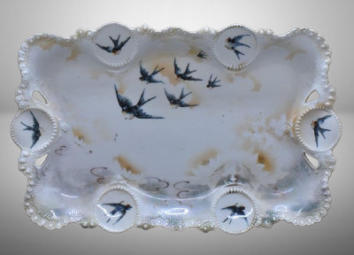 R.S. Prussia Medallion Mold dresser tray, 11.5" x 7.5", Swallows