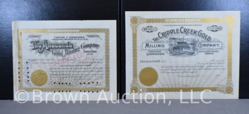Anaconda Gold Mining Stock Certificate dated Jan. 10 1893; blank Cripple Creek Milling Co.