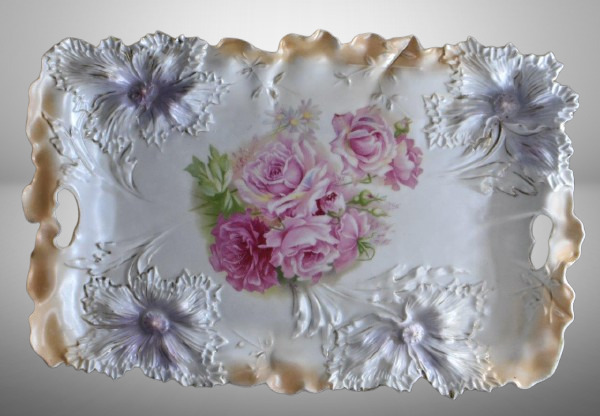 R.S. Prussia Carnation Mold dresser tray, 11.5" x 7.5", pink roses, red mark