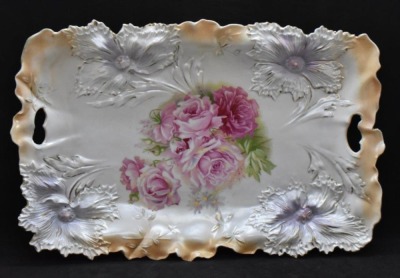 R.S. Prussia Carnation Mold dresser tray, 11.5" x 7.5", pink roses, red mark - 6