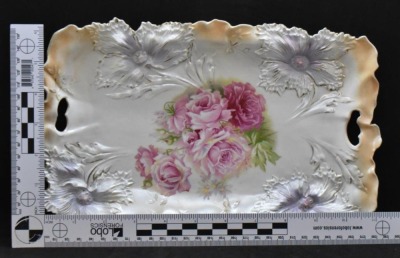 R.S. Prussia Carnation Mold dresser tray, 11.5" x 7.5", pink roses, red mark - 7