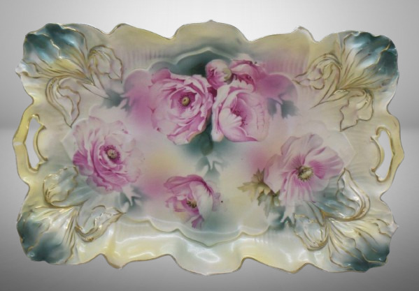 R.S. Prussia Iris Mold dresser tray, 11" x 7.5", pink poppies, red mark