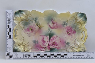 R.S. Prussia Iris Mold dresser tray, 11" x 7.5", pink poppies, red mark - 7