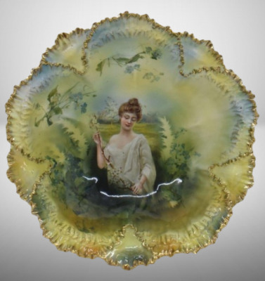 R.S. Prussia 10"d bowl featuring Spring season portrait, unusual mold