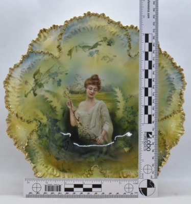 R.S. Prussia 10"d bowl featuring Spring season portrait, unusual mold - 6