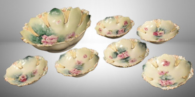 R.S. Prussia Mold 90 7 pc. berry set decorated w/ pink poppies, red mark