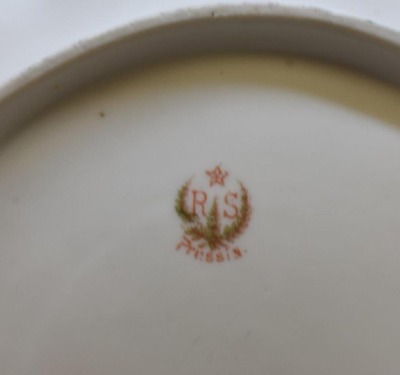 R.S. Prussia Mold 90 7 pc. berry set decorated w/ pink poppies, red mark - 5