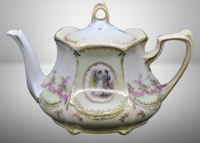 R.S. Prussia Mold 655 5" teapot, Victorian couples scene intermixed with dainty pink flower garlands, red mark