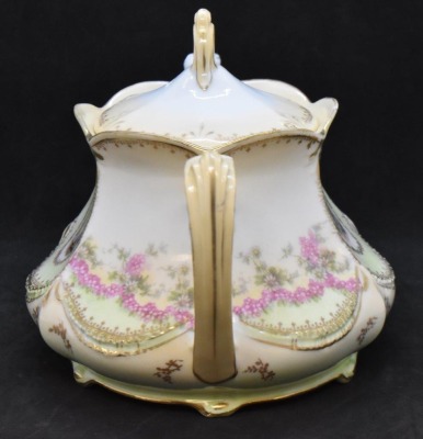 R.S. Prussia Mold 655 5" teapot, Victorian couples scene intermixed with dainty pink flower garlands, red mark - 2