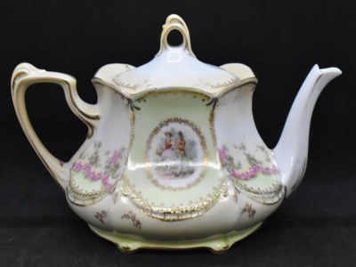 R.S. Prussia Mold 655 5" teapot, Victorian couples scene intermixed with dainty pink flower garlands, red mark - 3